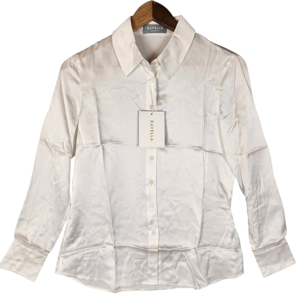 Ravella Monaco 100% Pure Mulberry Silk Button Down Blouse Size XS White New